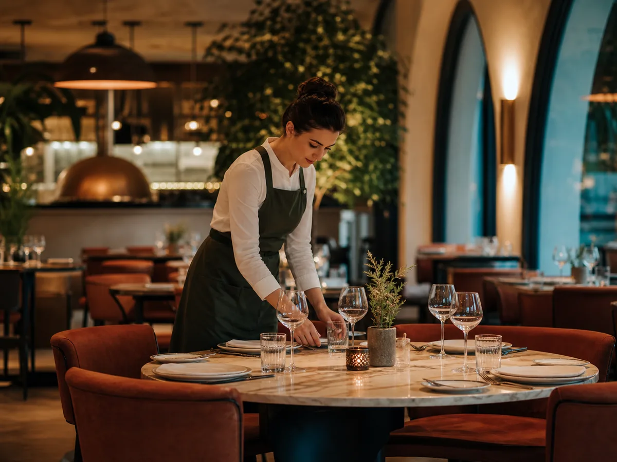 AI che risponde al telefono del ristorante: sala di un ristorante contemporaneo